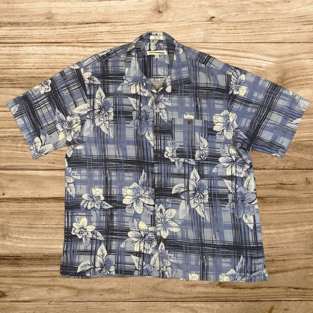 Geoffrey Beene Mens XL Blue Hawaiian Silk Short Sleeve Button Down Shirt
